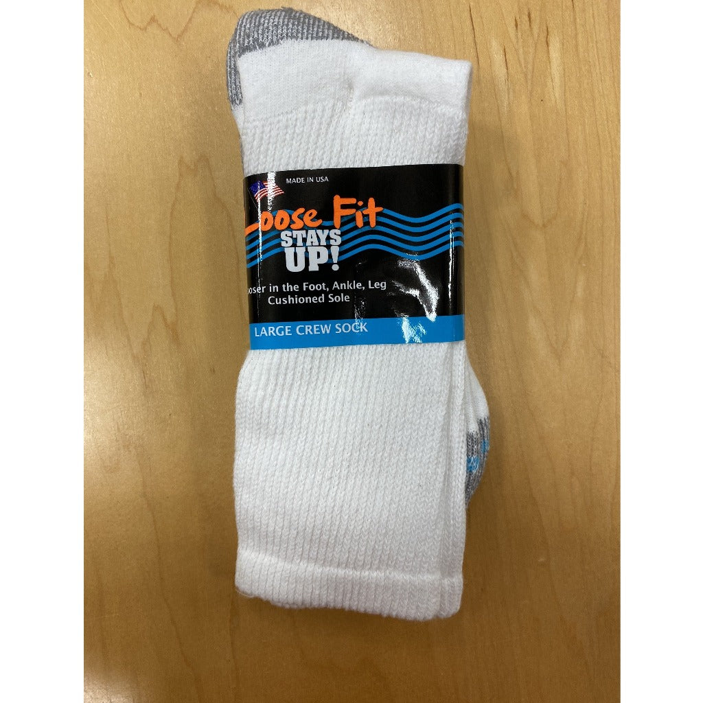 Beyond Extra Wide Bariatric Socks, with Stay Up design, are loose, yet stay up for the ultimate in comfort for those who suffer from ankle swelling and tight, uncomfortable socks. Stretches wide through the whole sock, yet will not cut off circulation. Available in white and black. Fits up to a size 6E width. Made in the USA.